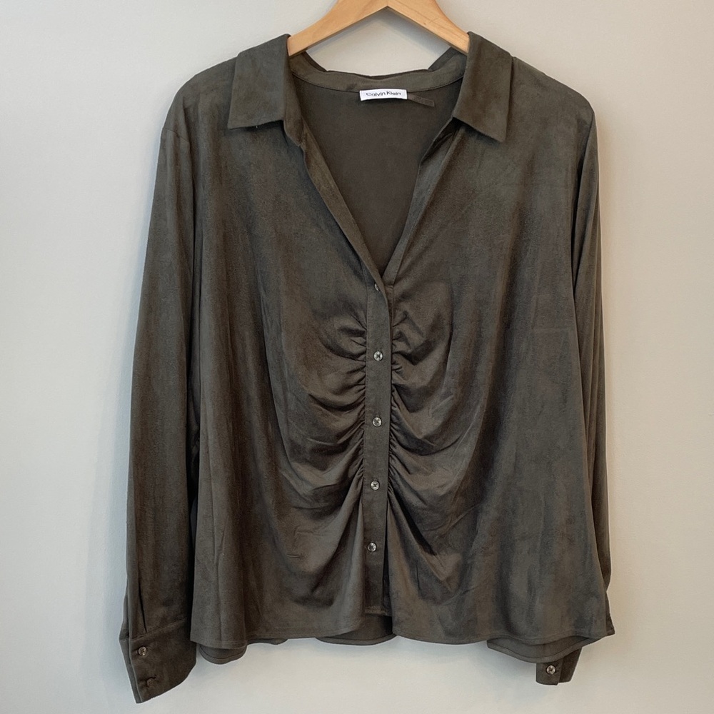 Calvin Klein Casper Olive Green Button-Up Faux Suade Blouse size 2X